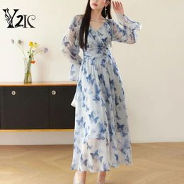 Casual Dresses Y2K Clothes Summer Vintage Butterfly Print A-line Midi Long For Women High Waist Retro Chic Beach Boho Party Dress