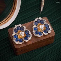 Stud Earrings Vintage Fashion Tripetalous Flower Earring Blue Rhinestone Ear For Women Jewelry Bridal Wedding Party Accessories