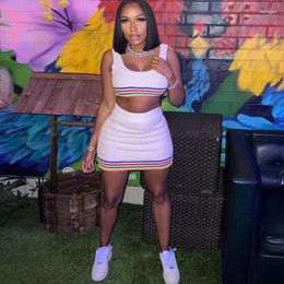 Work Dresses Colourful Striped Patchwork Knitted White 2 Piece Set Women Summer Tank Crop Top Mini Skirts Night Club Party Outfits Matching