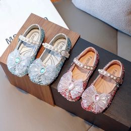 Luxury Girls Princess Shoes Pink Blue Diamante Flower Children Flat Shoes Party Beautiful 23-35 Soft Flexiable Kids Autumn Shoe 240506