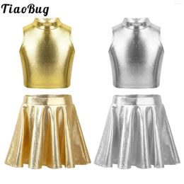 Clothing Sets Kids Girls Jazz Dance Costume Metallic Shiny Crop Tank Top With Pleated Skort Skirt Street Hip Hop Stage Performance Dancewear