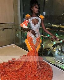 2024 Orange O Neck Long Prom Dress For Black Girls Beaded Crystal Birthday Party Gowns Feathers Sequined Formal Gown Robe De Bal