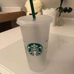 Starbucks Tumbler Plastic Mugs Reusable Clear Drinking Flat Bottom Pillar Shape Lid Straw Cups mug clear white mix Colour FDA material 710ml