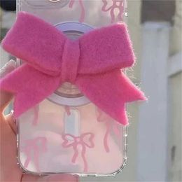 Cell Phone Mounts Holders Korean Y2K Pink knot Plush For Magsafe Magnetic Phone Griptok Grip Tok Stand For iPhone 15 Wireless Charging Case Holder