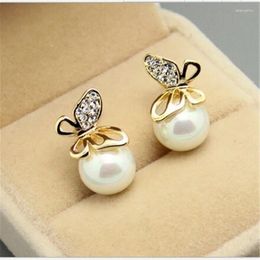Stud Earrings Korean Version Of The Pearl Women's Gold-Plated Butterfly Elegant Temperament Accessories