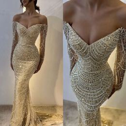 Off Dresses Gold Prom Mermaid Shoulder Pearls paljetter Evening Dress Sleeves Formal Long Special OCN Party Dress