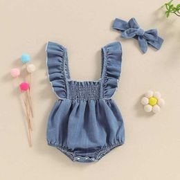 Clothing Sets Baby Girls Denim Bodysuit Solid Ruffles Fly Sleeve Ruched Infant Jumpsuit with Headband H240507