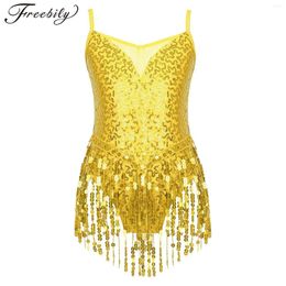 Stage Wear Kids Girls Latin Dance Dress Shiny Sequins Mesh Patchwork Tassel Hem Rumba Samba Salsa Jazz Leotard Dresses Dancewear