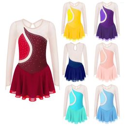 Stage Wear Figure Skating Dress For Girls Long Sleeve Rhinestone Mesh Dance Dresses Gymnastics Leotards Ballet Tutu Performance Costume