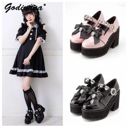 Dress Shoes Japanese Ins Retro Girls Platform High Heels Bow Rhinestone Lolita Mine Women's Pump Sweet JK Leather