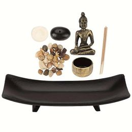 Candle Holders 1 Set Incense Stick In Zen Garden Tray Natural Stone Rocks Tea Light Holder And Mini Statue - Meditation Spiritual Gift Dhpv8