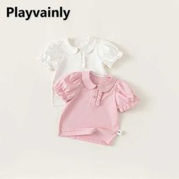 T-shirts New Summer Sweet Baby Girls T-shirt White Pink Puff Short Sleeve Peter Pan Collar Pullover Top Casual Children Clothes H240507