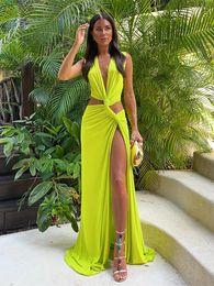 Sexy deep V-neck hollow long skirt womens sleeveless patchwork pleated green dress summer womens beach chic floor pants 240428