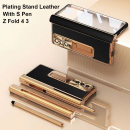 Cases With S Pen Plating Leather Case For Samsung Galaxy Z Fold 4 3 2 5 G Magnetic Kickstand Carbon Fibe Screen Protector Phone Cover