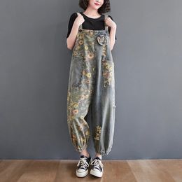 Casual Oversized Print Floral Denim Overalls For Women Loose Wide Leg Mom Jeans Rompers And Jumpsuit Cargo Straps Baggy Pants 240429