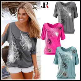 Women's T-Shirt 2017 Women Girl Loose Type T-ShirtO-Neck Feather Printed Soft Strapless Off Shoulder Short-Sled TopsS-5XL Big Yards d240507