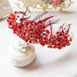 Hair Clips Himstory Gorgeous Red Pearl Feather Hairband Crown Handmade Women Ornaments Wedding Pography Accessories