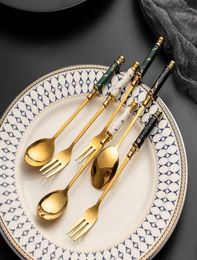 Spoons 2PcsLot Ceramic Handle Spoon Ice Cream Fruit Coffee Teaspoon Dessert Cake Fork Stainless Steel Cutlery Set Tableware6078517