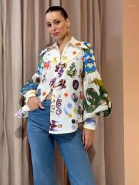 Women's Blouses Graffiti Print Collar Lantern Sleeve Cardigan Shirt 2024 Turn-down Tops Ladies Vintage Holiday Streetwear