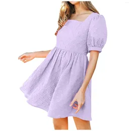 Casual Dresses Summer Chic Female Solid Colour Textured Short Puff Sleeve Dress For Women Elegant Knee Length Square Collar