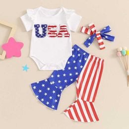 Clothing Sets Infant Baby Girl 4th of July Outfit Letter Embroidery Short Sleeve Striped Flare Pants Headband Set H240507