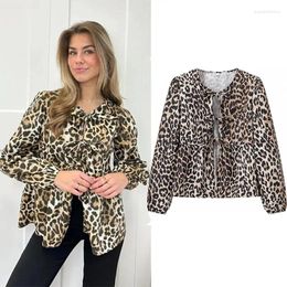 Women's Blouses Leopard Print Shirts And Women Vintage Ruffle Long Sleeve Shirt Woman Fashion Tied Crop Top Female Summer Blouse