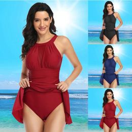 Holiday Beach Dress With Inner Panties Women Halter O Neck Tie Waist Sundress Summer Swimwear Strappy Backless Swimsuits