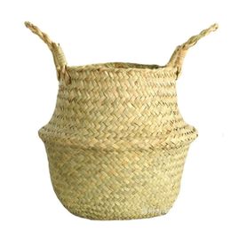 Laundry Multifunctional Foldable Bamboo Basket Handmade Straw Patchwork Wicker Rattan Seagrass Garden Flowerpot Planter 34*30Cm