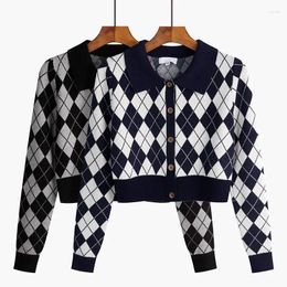 Women's Knits Turn Down Collar Argyle Women Cardigan Contrast Colour Tops Knitted Sueter Mujer Loose Y2k Preppy Style Korean Short Sweaters