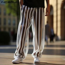 Men's Pants 2024 Men Striped Mesh Transparent Elastic Waist Fashion Trousers Streetwear Loose Sexy Casual Pantalon S-2XL INCERUN