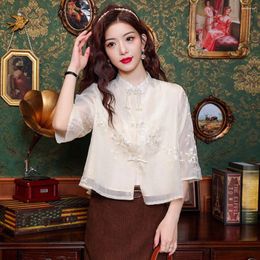 Women's Blouses 2024 Chinese Embroidered Pan Button Shirt Spring Summer Stand Up Neck 3/4 Sleeve Loose Ladies Elegant Tops