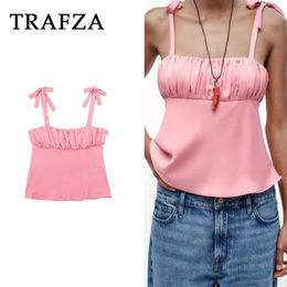 Women's Tanks TRAFZA 2024 Spring Summer Women Solid BOW Tie Tops Fashion Sexy Sleeveless Folds Ladies Cami Streetwear Chic Mini
