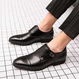 Fashion Monk Mens Leather For Business Leisure Shoes Man Side-Buckle Slip-on Oxford Manager Office Black Point-toe