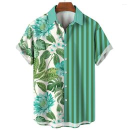 Men's Casual Shirts Fashion Design Striped 3D Print Floral Graphics Button Short Sleeve Lapel Streetwear Hawaiian For Men Summer