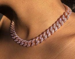 13mm Iced Pink and rose gold cuban Link Chain Choker Necklace Gold Cuban Link Gold Silver Cubic Zirconia Jewelry4915487