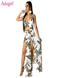 Adogirl Floral Print Two Piece Set Women Summer Beach Dress Spaghetti Straps Crop Top High Slit Maxi Skirt with Panties Suit4794500
