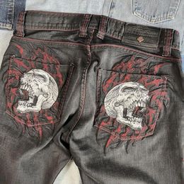 Men's Jeans Skull Design Retro Gothic Dark Style Street High Waist Men Y2k Hip Hop Aesthetic Versatile Straight Wide Leg Pants