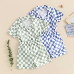 Pyjamas Baby Boys Summer Pyjama Ställer in Short Sleeve Lapel Checkerboard Print Shirt Shorts Pieces Sleepwear för till år H240507