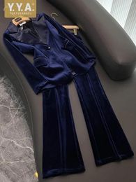 Women's Two Piece Pants Autumn Office Ladies Velvet Suit Set High Quality Women Slim Fit Work Outfits Blazer Jacket Wide Leg Sets Suits