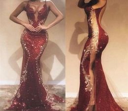 High Split Evening Dresses 2020 with Gold Lace Dubai Middle East Formal Gowns Party Prom Dress Spaghetti Straps Plus Size Vestidos4242890