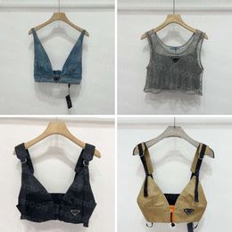 Shiny Rhinestone T Shirts Women Denim Sling Vest Sexy Cropped Top Party Tank Tops V Neck T-Shirt Bra Fashion Clothing 4354554