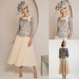 The Elegant Lace Mother Of Bride Dresses With Long Sleeves Beaded Jewel Neck Wedding Guest Dress Tea Length Chiffon Evening Gowns