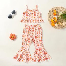 Clothing Sets Baby Kid Girls Pants Set Flower Printed Spaghetti Straps Ruffled Camisole With Flare Casual Outfit