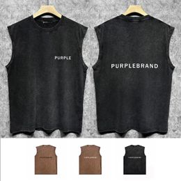 Leisure fashion high quality Purple new sleeveless T-shirt ZJBPUR050 fine font to do old printed vest vest R96W90 loose pure cotton breathable top