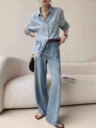 Women's Jeans WCFCX STUDIO Wide Leg Women 2024 High Waisted Denim Pants Light Blue Full Length Korean Fashion Streetwear Y2K