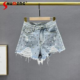 Women's Jeans Ripped Denim Shorts Women's Fashionable 2024 Summer High Waist Slim Fit Slimming Diamond-Embedded Wide-Leg Pants