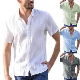 Men's Polos Summer short sleeved mens cotton linen shirt mens white social formal shirt business casual shirt mens clothingL2405