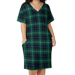 Casual Dresses Vintage Plaid Dress V Neck Green And Blue Cute Female Basic Printed With Pockets Big Size