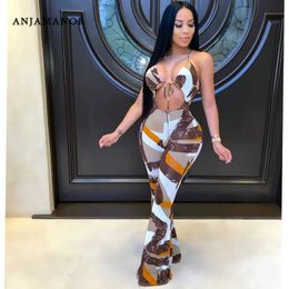 Women's Jumpsuits Rompers ANJAMANOR Brown Multi Palazzo Jumpsuit Women Clothing Sexy Outfits for Woman Night Club Wide Leg Romper Dropshipping D64-CG25 T240507