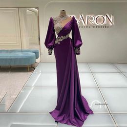 Glitter Purple Mermaid Prom Dresses Princess Satin Appliques Sequins Beads Long Sleeves V Neck Floor Length Party Gowns Plus Size Custom Made 0431